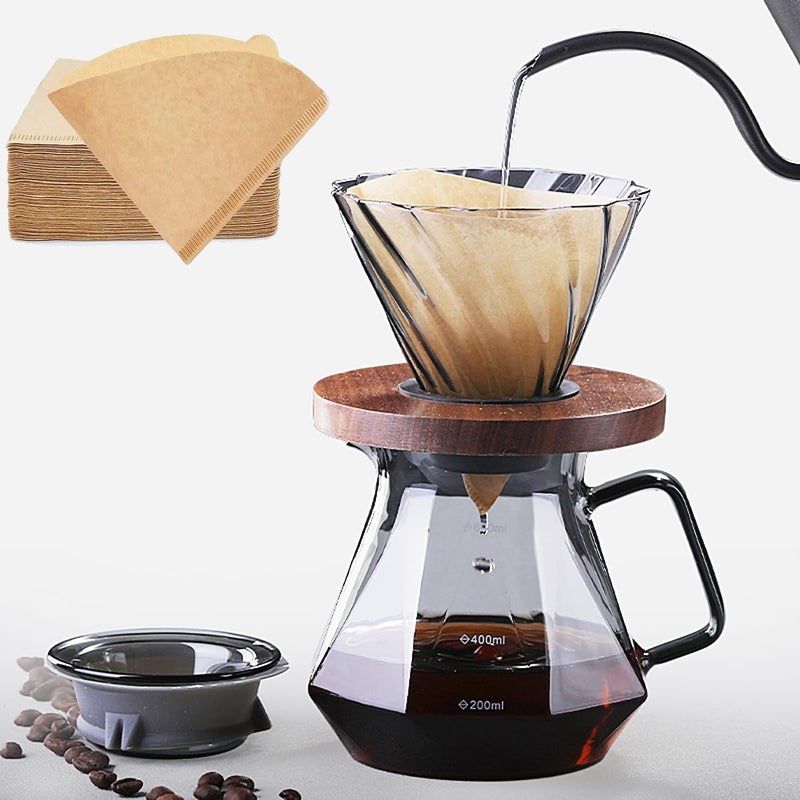 Moonmen V60 Pour Over Coffee Maker Dripper Set, 600ml Glass Coffee Server Pot Size 02, V60 Glass Coffee Dripper with Wood Stand Dripper for Home Office Carafe Gift-Grey (Diamond Style with Paper) - Image 1