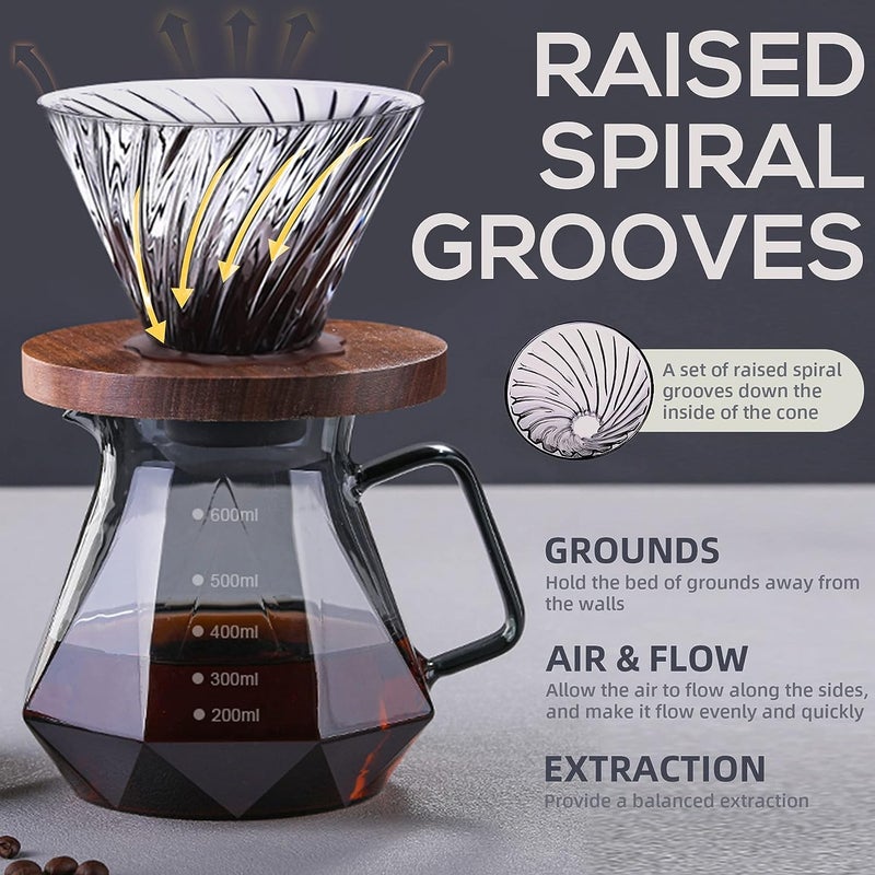 Moonmen V60 Pour Over Coffee Maker Dripper Set, 600ml Glass Coffee Server Pot Size 02, V60 Glass Coffee Dripper with Wood Stand Dripper for Home Office Carafe Gift-Grey (Diamond Style with Paper) - Image 2