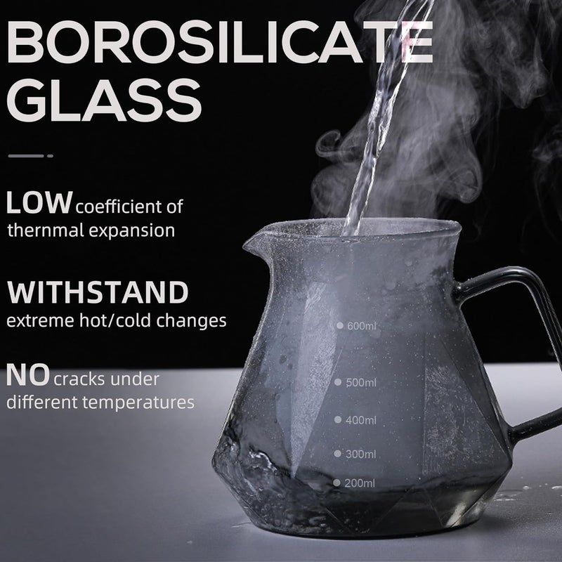 Moonmen V60 Pour Over Coffee Maker Dripper Set, 600ml Glass Coffee Server Pot Size 02, V60 Glass Coffee Dripper with Wood Stand Dripper for Home Office Carafe Gift-Grey (Diamond Style with Paper) - Image 3