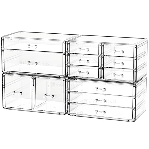 Cq acrylic 4 Pack Clear Acrylic Drawer Organizer Countertop,Stackable 13 Drawers Makeup Storage, Cube Make up Organizer for dresser Hair Clip,Beauty Product Desk and Bathroom Organizers and Storage - Image 1