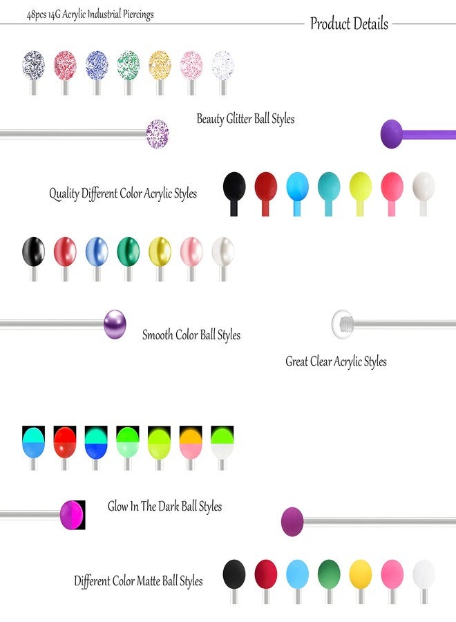 EVELICAL 48Pcs 14G Acrylic Industrial Barbell Earrings for Women Men Cartilage Helix Body Piercing Jewelry 38mm 1&1/2 Inch Piercing Bar Style A - Image 3