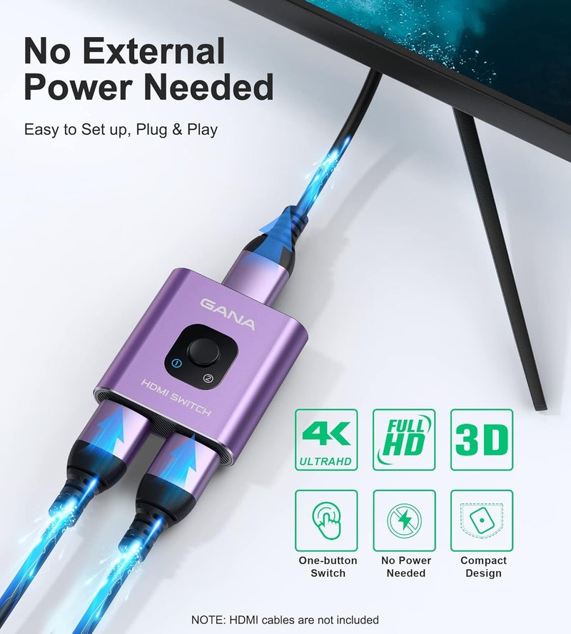 GANA HDMI Switch 4k@60hz Splitter, Aluminum Bidirectional HDMI Switcher 2 in 1 Out, Manual HDMI Hub Supports HD Compatible with Xbox PS5/4/3 Blu-Ray Player Fire Stick Roku - Image 5