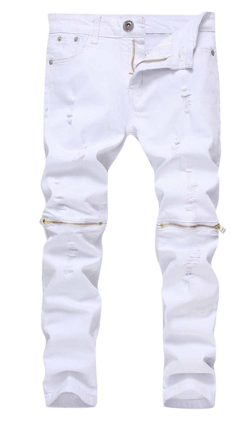FREDD MARSHALL Boy's White Slim Fit Skinny Jeans Ripped Elastic Waist Pants with Zipper for Kids,White,10 Slim - Image 1