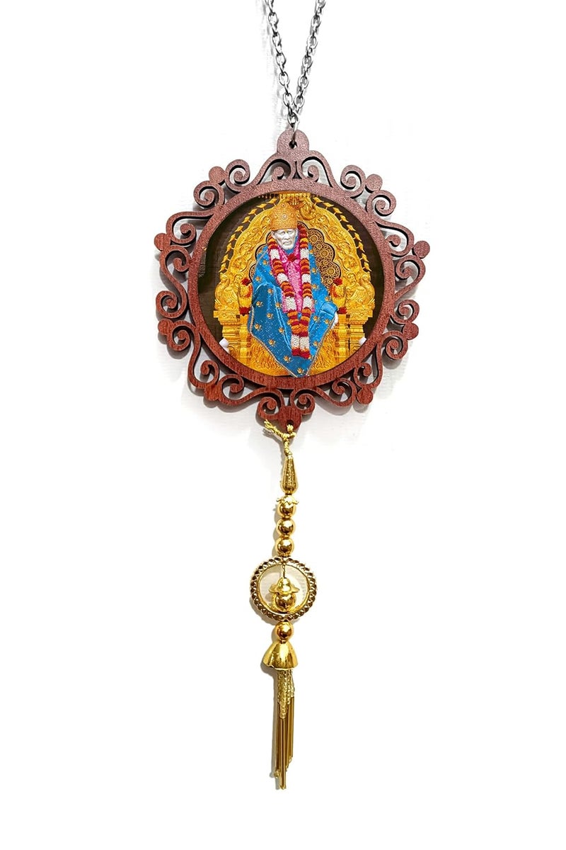 DDL Sai Baba Car Hanging with Latkan Round Shape 4x4 Inch - Wooden Car Dashboard Showpiece Hanging Car Interior Deco Rear Mirror Hanging Inside Keychain Free, Pack of 1 - Image 2