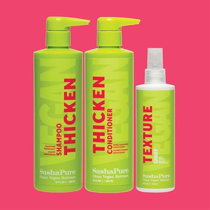 SashaPure Thicken Shampoo, Conditioner and Texture Spray Bundle, Vegan Haircare with Organic Sacha Inchi Oil, Brazilian Babassu Oil, Jojoba Oil, Volume Boosting, 3 Piece Set - Image 1