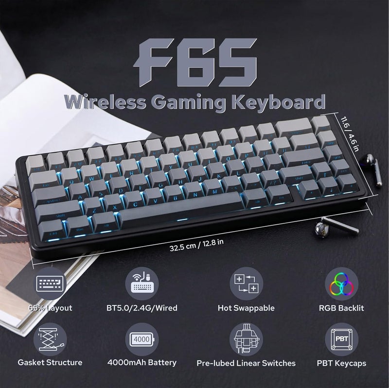 EPOMAKER x AULA F65 65% Wireless Mechanical Keyboard, Hot Swappable Gasket Custom Gaming Keyboard with Five-Layer Padding, RGB Backlit, Bluetooth/2.4GHz/USB-C (Black, Reaper Switch) - Image 2