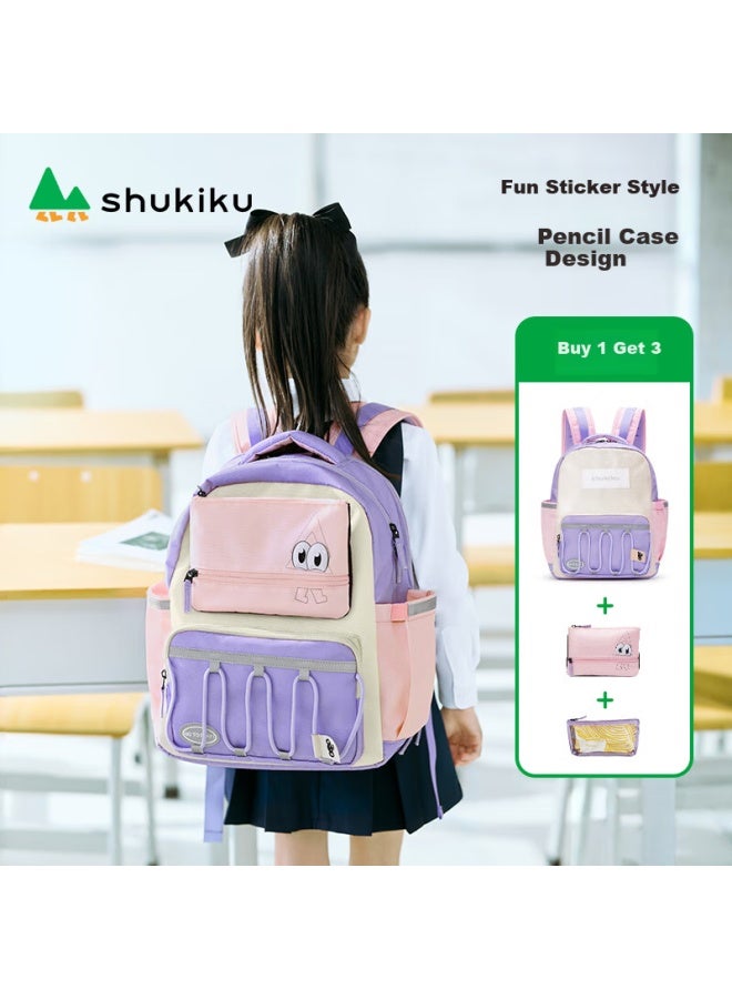 Shukiku حقيبة ظهر للأطفال تحمي العمود الفقري، حقيبة مدرسية خفيفة الوزن جدًا لطلاب المدارس الابتدائية، حقيبة كتف مزدوجة مع صندوق هدية، وردي وأرجواني - Image 1