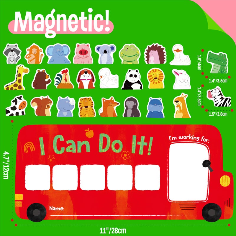 SpriteGru â€œI CAN DO ITâ€ Token Board,Magnetic Reward Chart with 26 Animal Magnets, Red Bus Reward Chart for Kids, Incentive Positive Chart for Good Behavior and Responsibility, Great for Toddlers, Kids, Students - Image 2