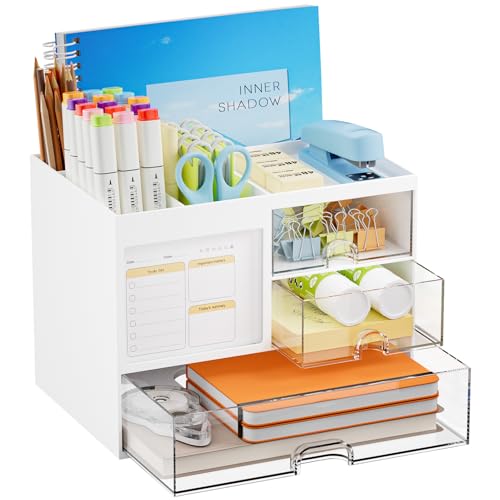 Marbrasse Desk Organizer with 3 Drawer MultiFunctional Pencil Pen Holder for Desk Desk Organizers and Accessories with 4 Compartments Desktop Organizer Storage for Office Home Art Supplies White - Image 1