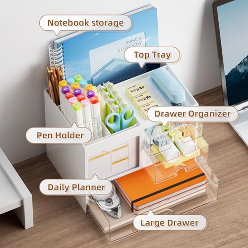 Marbrasse Desk Organizer with 3 Drawer MultiFunctional Pencil Pen Holder for Desk Desk Organizers and Accessories with 4 Compartments Desktop Organizer Storage for Office Home Art Supplies White - Image 3