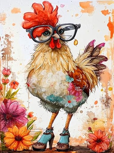 Ekuxom Chicken Diamond Art Kits for Adults, Diamond Painting Kits for Adults, Full Drill Round Funny Diamond Painting Chicken Kits Wall Art Decor 12x16inch - Image 1
