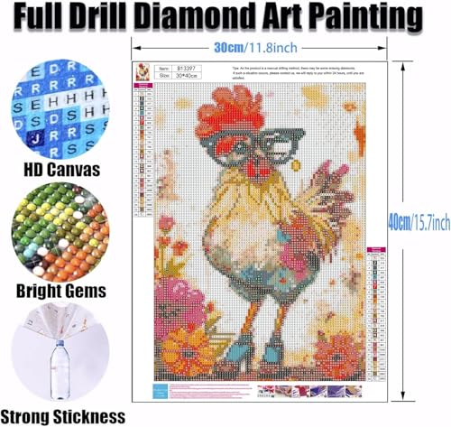 Ekuxom Chicken Diamond Art Kits for Adults, Diamond Painting Kits for Adults, Full Drill Round Funny Diamond Painting Chicken Kits Wall Art Decor 12x16inch - Image 2