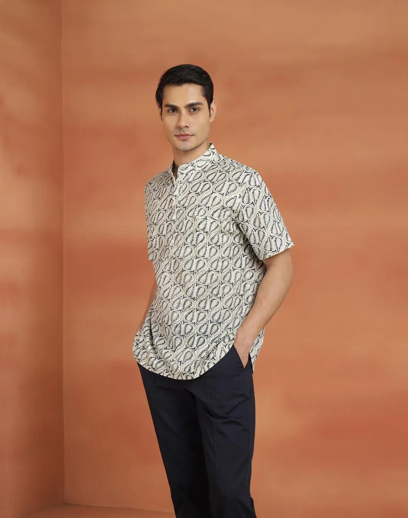 Fabindia Blue Cotton Hand Block Printed Slim Fit Mid Placket Shirt