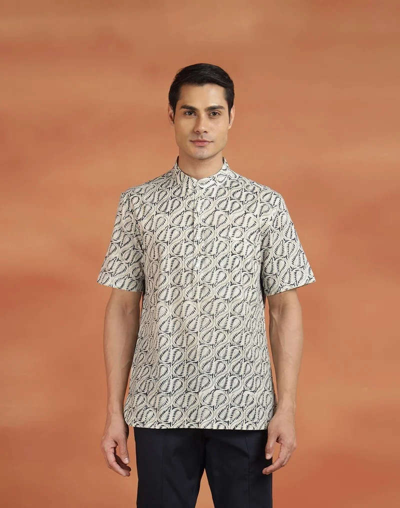 Fabindia Blue Cotton Hand Block Printed Slim Fit Mid Placket Shirt