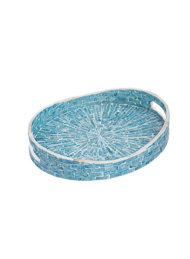 PEMAR 15.7" x 11.8" Oval Capiz Shell Serving Tray, Decorative Ottoman Tray for Living Room, Coffee Table, Breakfast in Bed, Candle Display (Teal Sunlight) - Image 1