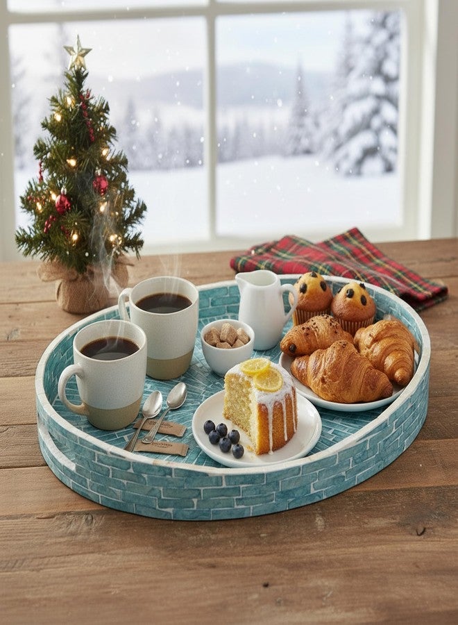PEMAR 15.7" x 11.8" Oval Capiz Shell Serving Tray, Decorative Ottoman Tray for Living Room, Coffee Table, Breakfast in Bed, Candle Display (Teal Sunlight) - Image 2
