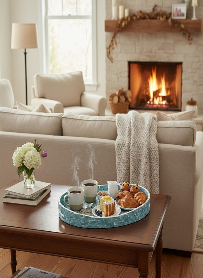 PEMAR 15.7" x 11.8" Oval Capiz Shell Serving Tray, Decorative Ottoman Tray for Living Room, Coffee Table, Breakfast in Bed, Candle Display (Teal Sunlight) - Image 4