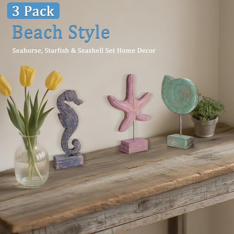 Exttlliy Solid anti-deform 3pcs Wood Handmade Beach Nautical Style Figurines Starfish/Conch/Seahorse Statue Home Decor (Multicolor) Various color options - Image 5