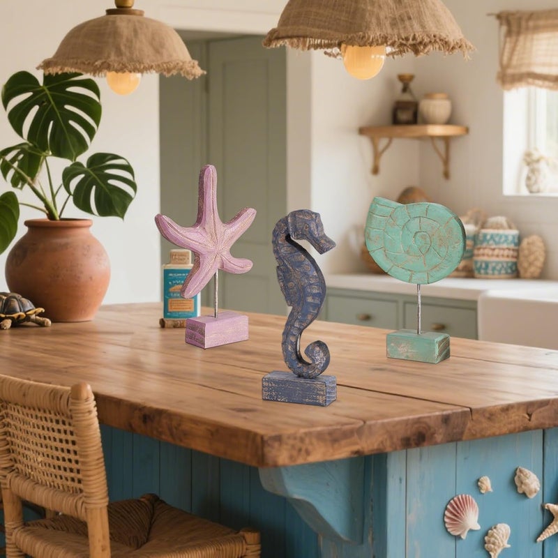 Exttlliy Solid anti-deform 3pcs Wood Handmade Beach Nautical Style Figurines Starfish/Conch/Seahorse Statue Home Decor (Multicolor) Various color options - Image 2