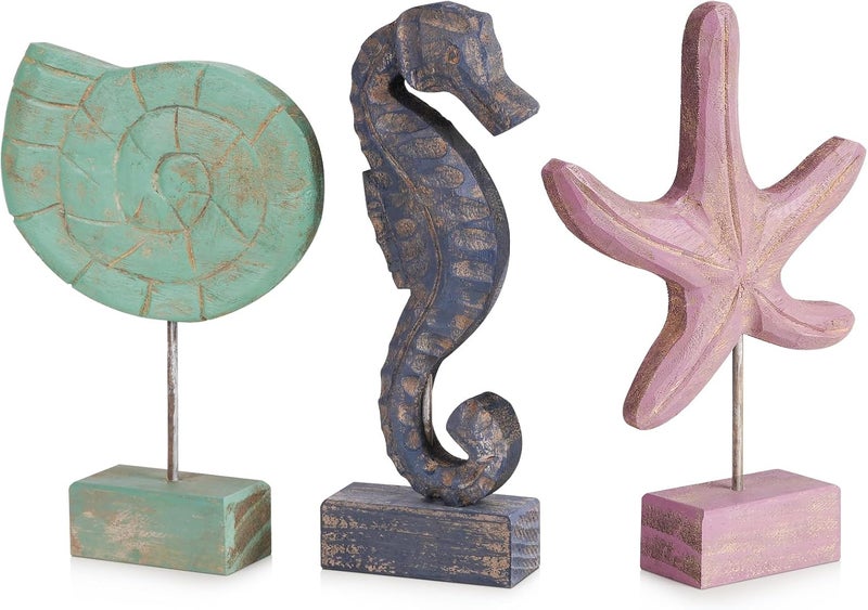 Exttlliy Solid anti-deform 3pcs Wood Handmade Beach Nautical Style Figurines Starfish/Conch/Seahorse Statue Home Decor (Multicolor) Various color options - Image 1