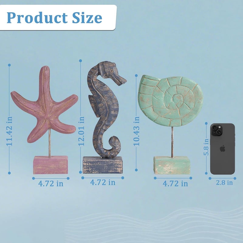 Exttlliy Solid anti-deform 3pcs Wood Handmade Beach Nautical Style Figurines Starfish/Conch/Seahorse Statue Home Decor (Multicolor) Various color options - Image 3