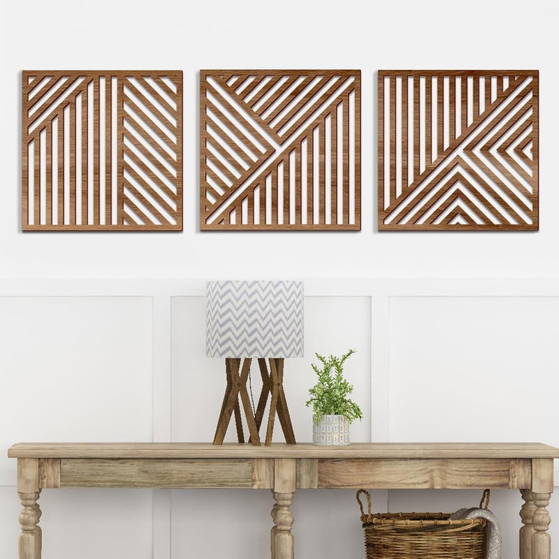 Bnesi 3 Piece Abstract Geometric Wood Wall Art Decor - Modern Boho Minimalist Slatted Design - Image 1
