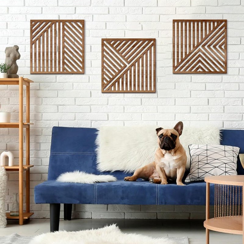 Bnesi 3 Piece Abstract Geometric Wood Wall Art Decor - Modern Boho Minimalist Slatted Design - Image 2