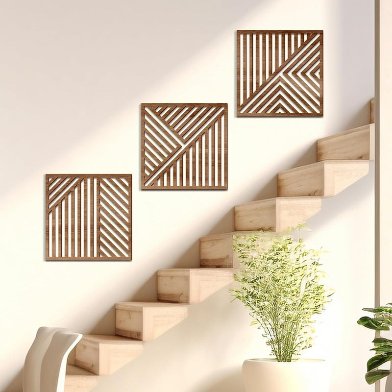 Bnesi 3 Piece Abstract Geometric Wood Wall Art Decor - Modern Boho Minimalist Slatted Design - Image 5