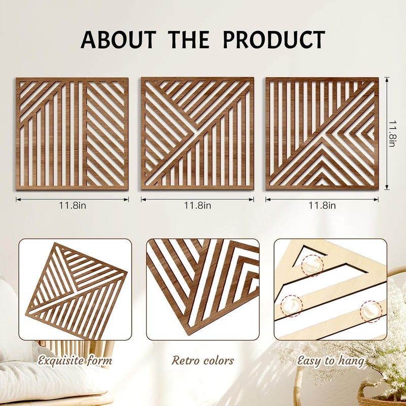 Bnesi 3 Piece Abstract Geometric Wood Wall Art Decor - Modern Boho Minimalist Slatted Design - Image 3