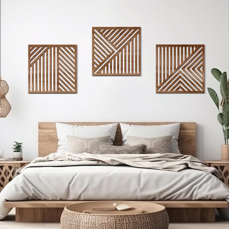 Bnesi 3 Piece Abstract Geometric Wood Wall Art Decor - Modern Boho Minimalist Slatted Design - Image 4