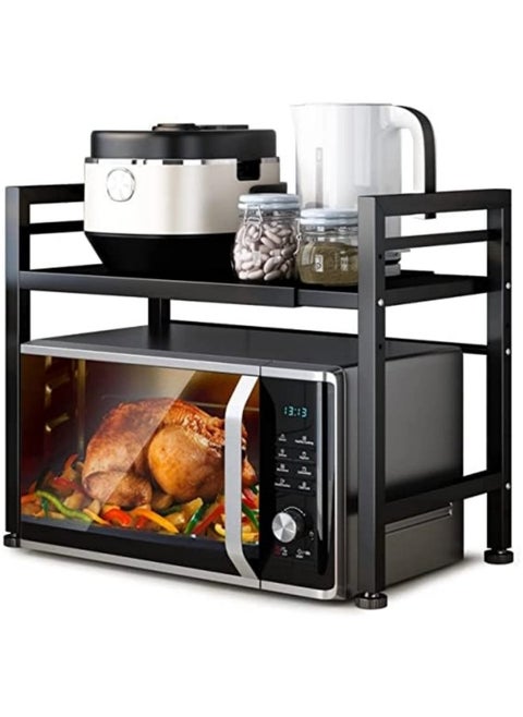 Extendable Microwave Oven Rack,Microwave/Toaster Shelf Heavy Duty Stand Kitchen Counter Top Organizer,Adjustable Height & Length,1-Tier with 6 Hooks, 55lbs Weight Capacity