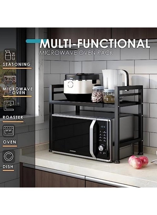 GGEROU رف فرن الميكروويف قابل للتمديد، رف الميكروويف/محمصة الخبز، حامل عالي التحمل، منظم سطح طاولة المطبخ، ارتفاع وطول قابلان للتعديل، طبقة واحدة مع 6 خطافات، سعة وزن 55 رطلاً - Image 2
