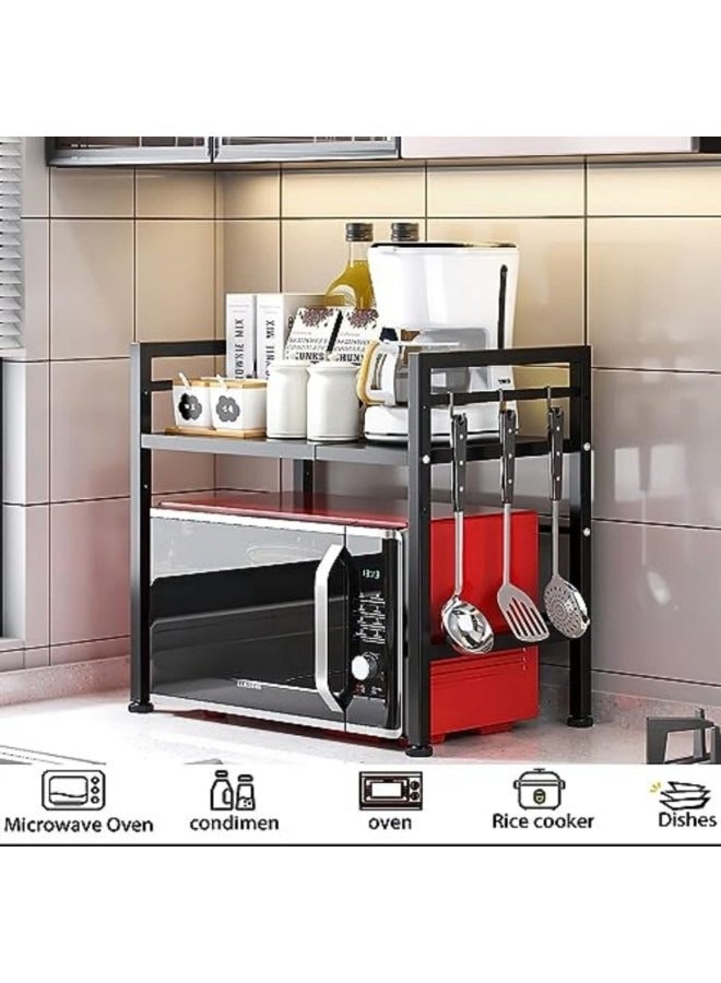 GGEROU رف فرن الميكروويف قابل للتمديد، رف الميكروويف/محمصة الخبز، حامل عالي التحمل، منظم سطح طاولة المطبخ، ارتفاع وطول قابلان للتعديل، طبقة واحدة مع 6 خطافات، سعة وزن 55 رطلاً - Image 4