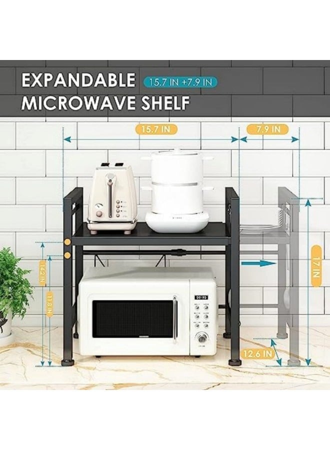 GGEROU رف فرن الميكروويف قابل للتمديد، رف الميكروويف/محمصة الخبز، حامل عالي التحمل، منظم سطح طاولة المطبخ، ارتفاع وطول قابلان للتعديل، طبقة واحدة مع 6 خطافات، سعة وزن 55 رطلاً - Image 3