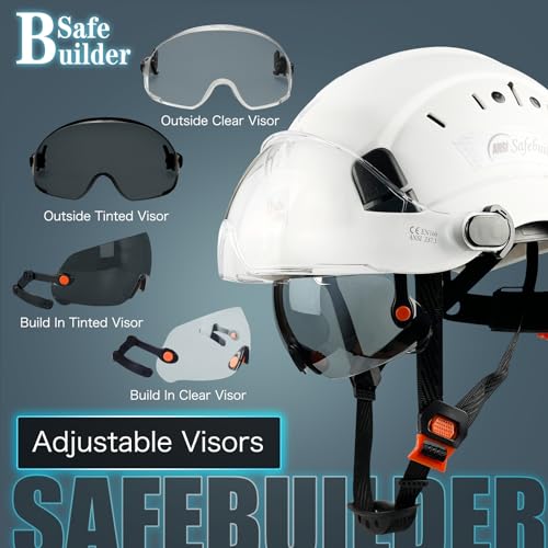 SAFEBUILDER Safety Helmet Hard Hat with Visor Clear & Tinted Adjustable Vented ABS Work Helmet 6-Point Suspension ANSI Z89.1 Approved for Industrial (White Hat with Tinted & Clear Visor) - Image 5