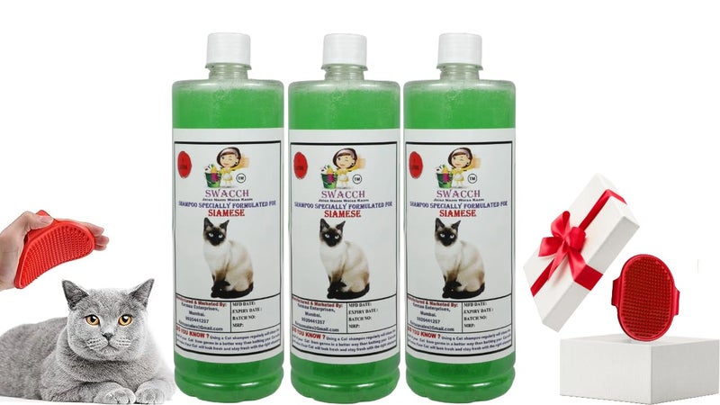 Swacch Siamese Cat Shampoo -1 Litre (Pack of 3) (Neem Alovera) + Bath Brush with Adjustable Straps Combo Pack - Image 1
