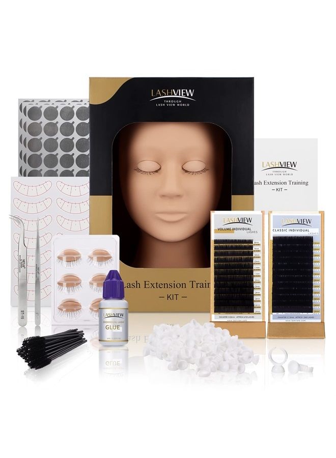 LASHVIEW طقم تمديد الرموش، طقم تمديد الرموش الاحترافي مع رأس دمية رموش قابل للإزالة مع 4 جفون قابلة للإزالة، طقم للرموش للمبتدئين، تدريب المكياج وزراعة الرموش - Image 1