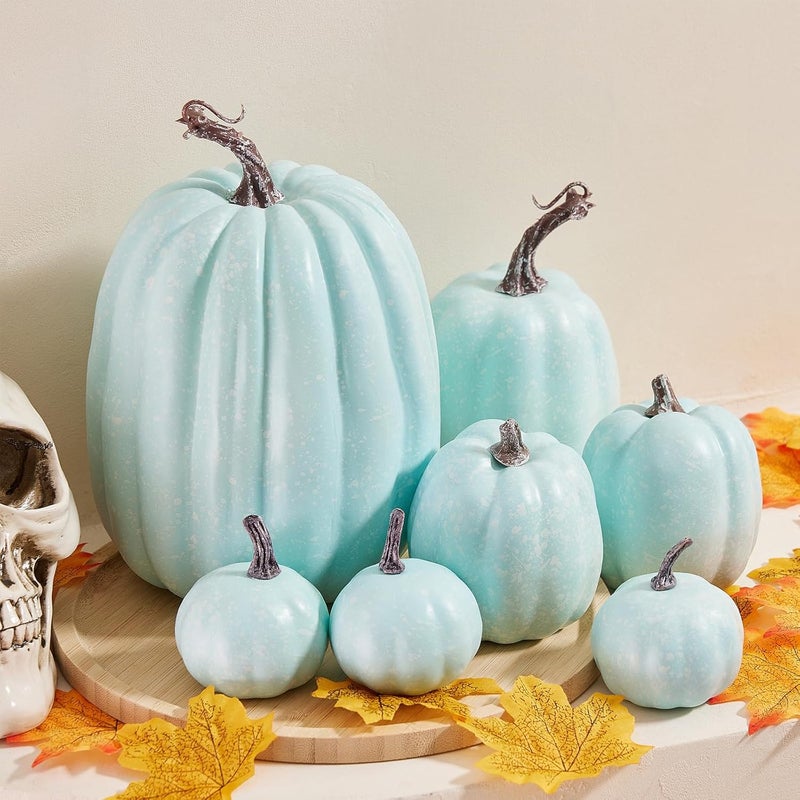 Zensounding Halloween Autumn Harvest Festival 7 Artificial Pumpkins of Various Styles Decorate Rural Style Farmhouses Foam Pumpkins Thanksgiving Dinner Party Home Festival Autumn Decoration (Light Blue) - Image 2