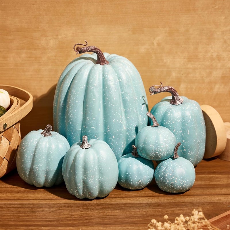 Zensounding Halloween Autumn Harvest Festival 7 Artificial Pumpkins of Various Styles Decorate Rural Style Farmhouses Foam Pumpkins Thanksgiving Dinner Party Home Festival Autumn Decoration (Light Blue) - Image 4