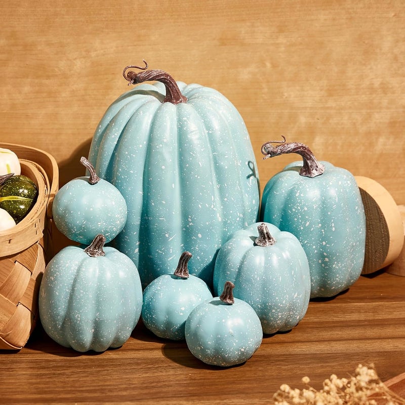 Zensounding Halloween Autumn Harvest Festival 7 Artificial Pumpkins of Various Styles Decorate Rural Style Farmhouses Foam Pumpkins Thanksgiving Dinner Party Home Festival Autumn Decoration (Light Blue) - Image 5
