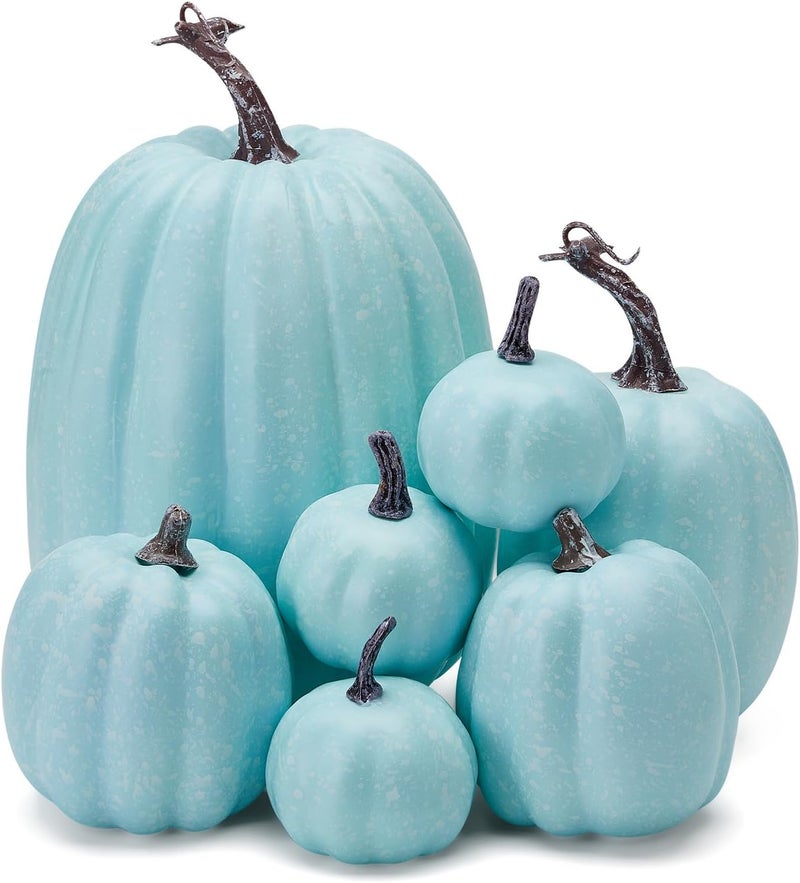 Zensounding Halloween Autumn Harvest Festival 7 Artificial Pumpkins of Various Styles Decorate Rural Style Farmhouses Foam Pumpkins Thanksgiving Dinner Party Home Festival Autumn Decoration (Light Blue) - Image 1