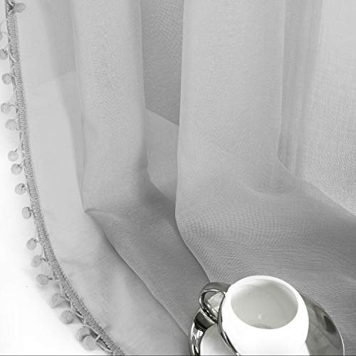 MISS SELECTEX Linen Look Pom Pom Tasseled Sheer Curtains - Rod Pocket Voile Semi-Sheer Curtains for Living and Bedroom, Set of 2 Curtain Panels (52 x 63 inch, Grey) - Image 4