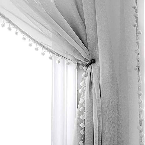 MISS SELECTEX Linen Look Pom Pom Tasseled Sheer Curtains - Rod Pocket Voile Semi-Sheer Curtains for Living and Bedroom, Set of 2 Curtain Panels (52 x 63 inch, Grey) - Image 1