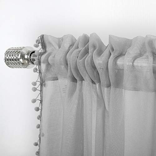 MISS SELECTEX Linen Look Pom Pom Tasseled Sheer Curtains - Rod Pocket Voile Semi-Sheer Curtains for Living and Bedroom, Set of 2 Curtain Panels (52 x 63 inch, Grey) - Image 3