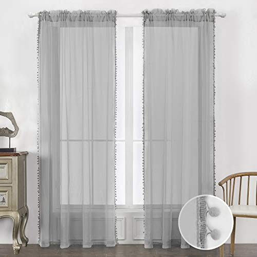 MISS SELECTEX Linen Look Pom Pom Tasseled Sheer Curtains - Rod Pocket Voile Semi-Sheer Curtains for Living and Bedroom, Set of 2 Curtain Panels (52 x 63 inch, Grey) - Image 2