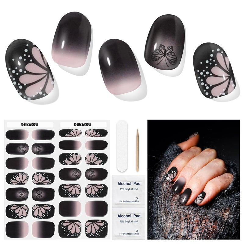 DUKASOU Semi Cured Gel Nail Strips, Dark Butterfly | 28 pcs Gel Nail Strips Work with Any UV Lamp, Salon Quality UV Gel Nail Stickers, Easy to Apply for Home Nails DIY