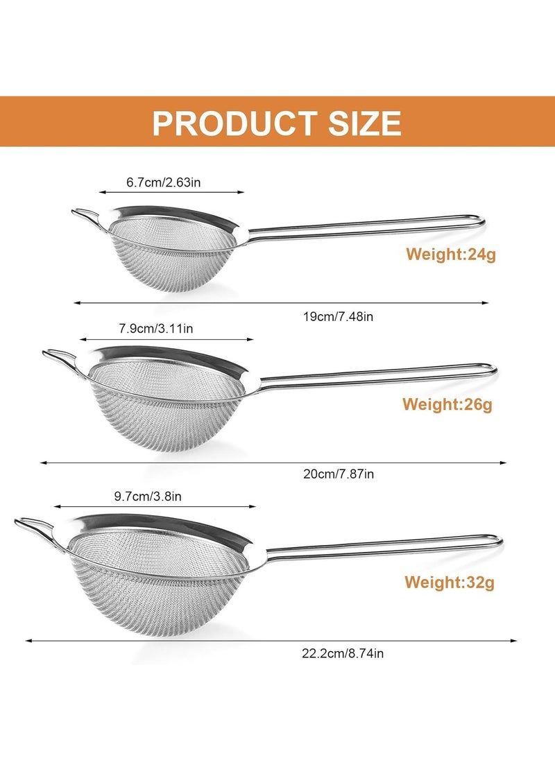 3 Pcs Strainer Fine Mesh Sieve (7cm 8cm 10cm) Size Stainless Steel with Non Slip Handle Kitchen Craft Strainers for Loose Tea Cocktail Juice Flour Spices and Baking Silver Color (Pack of 3)  - Image 4