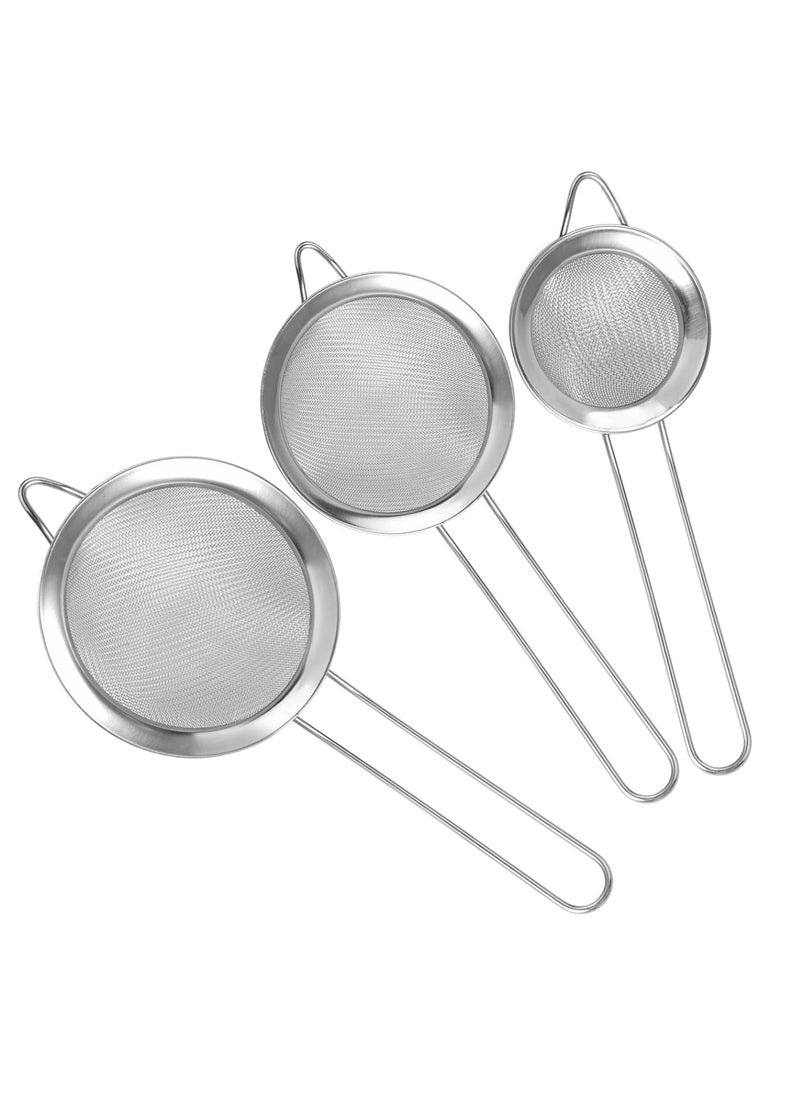 3 Pcs Strainer Fine Mesh Sieve (7cm 8cm 10cm) Size Stainless Steel with Non Slip Handle Kitchen Craft Strainers for Loose Tea Cocktail Juice Flour Spices and Baking Silver Color (Pack of 3)  - Image 1