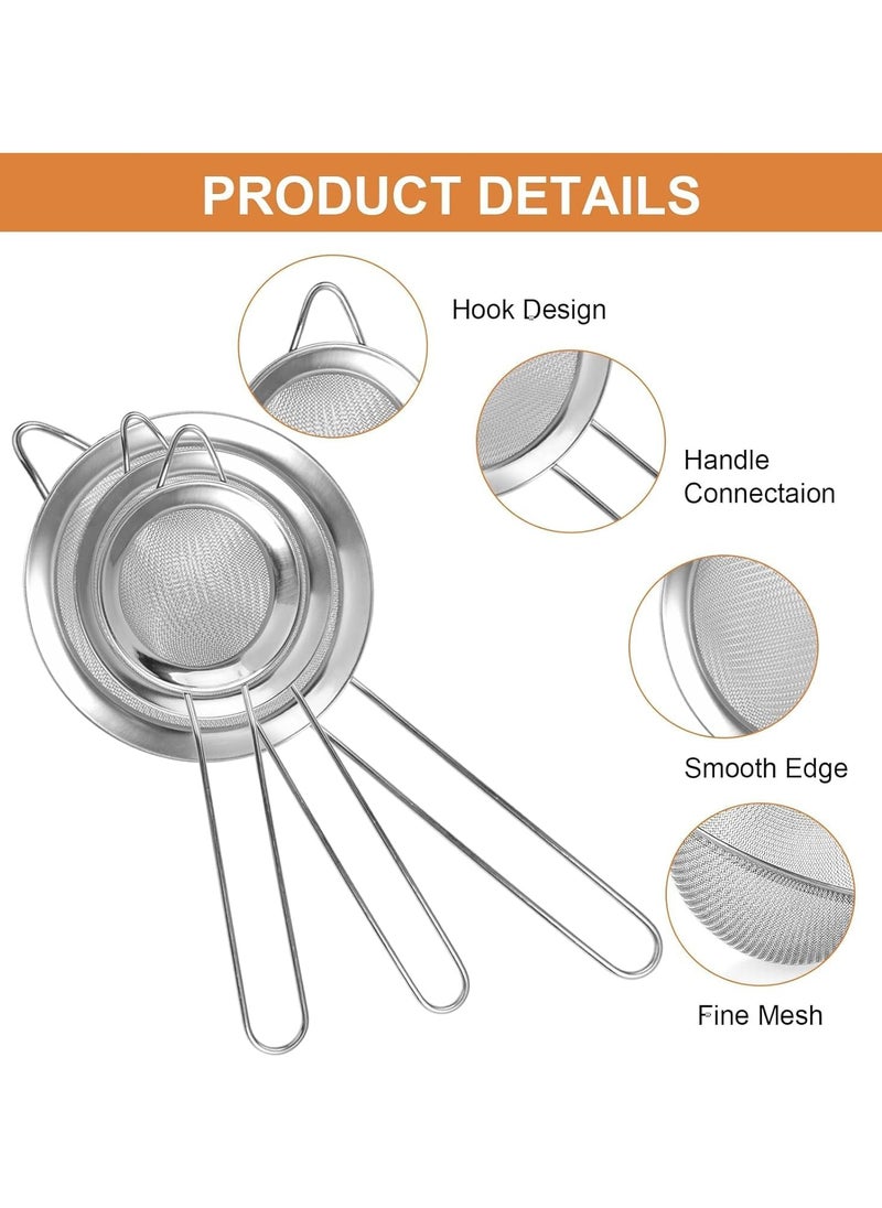 3 Pcs Strainer Fine Mesh Sieve (7cm 8cm 10cm) Size Stainless Steel with Non Slip Handle Kitchen Craft Strainers for Loose Tea Cocktail Juice Flour Spices and Baking Silver Color (Pack of 3)  - Image 2