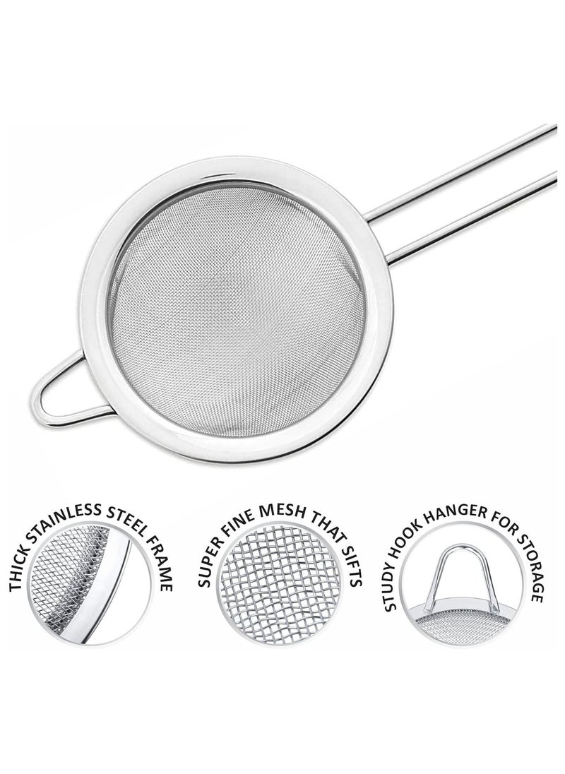 3 Pcs Strainer Fine Mesh Sieve (7cm 8cm 10cm) Size Stainless Steel with Non Slip Handle Kitchen Craft Strainers for Loose Tea Cocktail Juice Flour Spices and Baking Silver Color (Pack of 3)  - Image 5